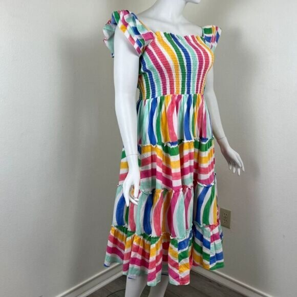 Crown & Ivy Womens Size L Cotton Striped Ruffle Pullover Midi Teired Dress Party - Picture 6 of 14